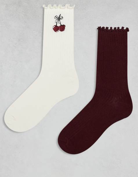 Cotton On 2 pack frill rib crew sock in ecru and cherry - view 1