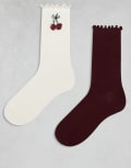 [Cotton:On] Cotton On 2 pack frill rib crew socks in ecru and cherry-Multi One Size MULTI