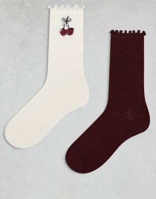 Cotton:on Cotton On 2 Pack Frill Trim Rib Knit Crew Socks In Multi