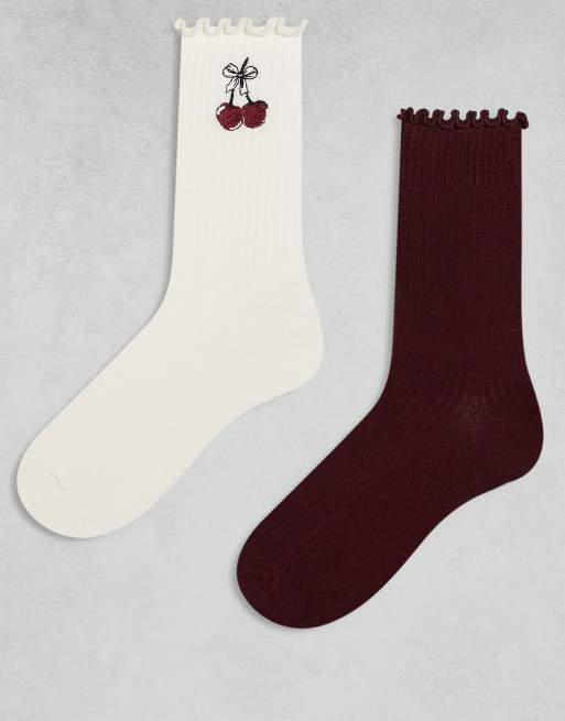 Cotton On 2 pack frill trim rib knit crew socks in ecru and cherry