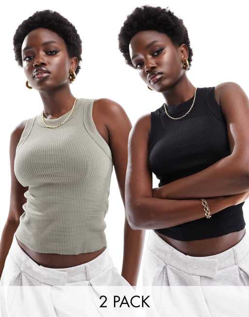 Cotton On 2 pack rib racer singlet in khaki and black 