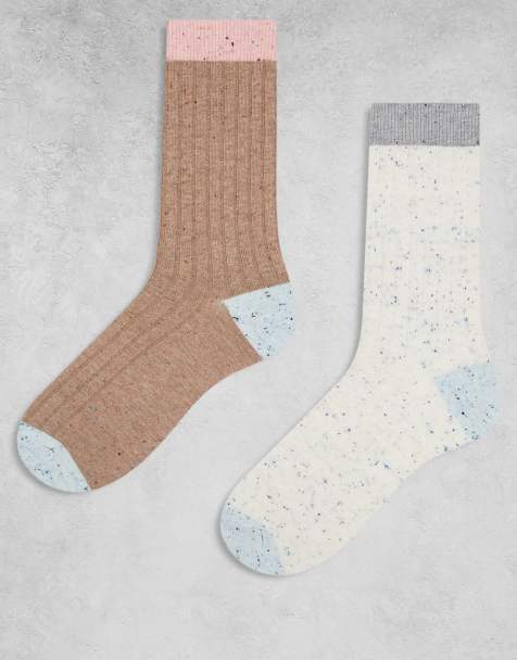 Cotton On 2 pack ribbed crew sock in white and brown multi - view 1