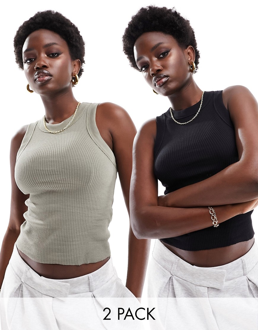Cotton:On Cotton On 2 pack ribbed racer tank top in khaki and black-Green