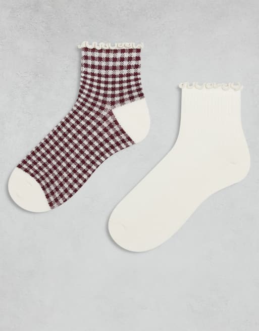 Cotton On 2 pack The Perfect Pair frill rib ankle socks in white and red gingham
