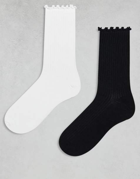 Cotton On 2 pack The Perfect Pair frill rib crew socks in black and white - view 1