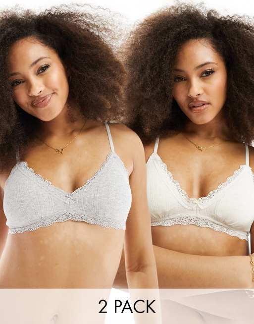 Cotton On – 2er-Pack Baumwoll-Bustiers in Buttertoffee-Grau und Weiß mit Rosenborte 