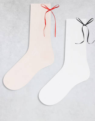 Cotton On - 2er-Pack Crew-Socken in Rosa und Weiß mit Bandschleifen-Detail-Bunt