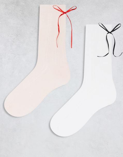 Cotton On – 2er-Pack Crew-Socken in Rosa und Weiß mit Bandschleifen-Detail - view 1