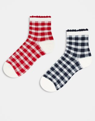 Cotton On - 2er-Pack Crew-Socken mit Vichy-Karomuster in Rot und Blau-Bunt