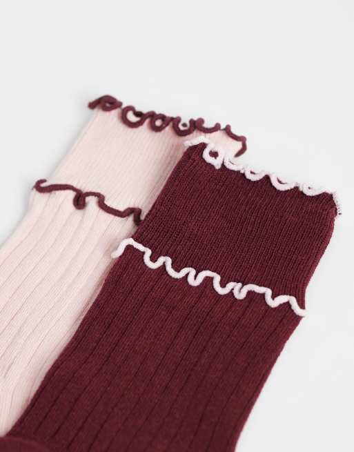 Cotton On 2pk 'The Perfect Pair' frill rib ankle socks in peony rose deep pomegranate, 3 of 3