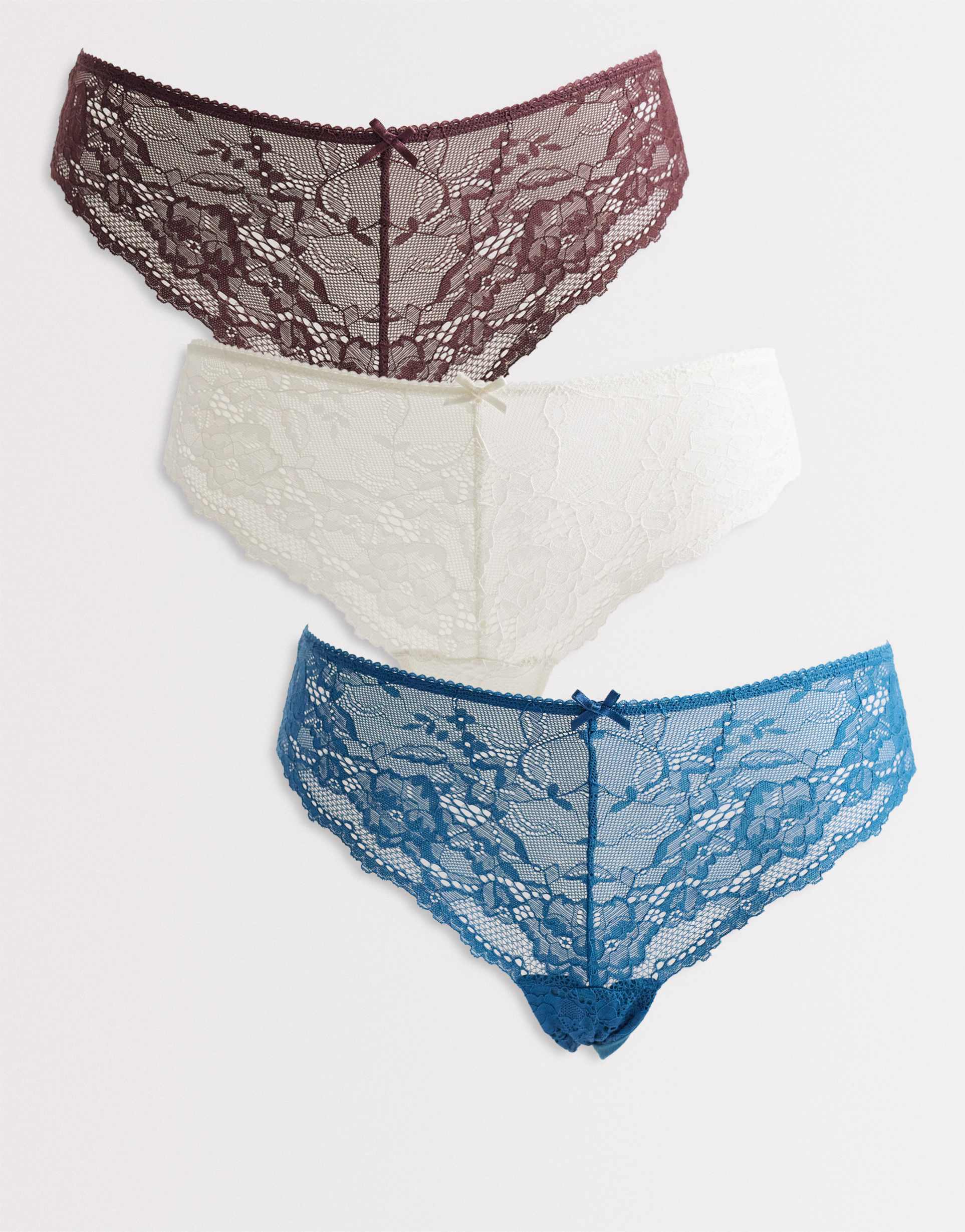 cotton on 3 pack all over cheeky lace briefs set in teal, purple and butterscotch