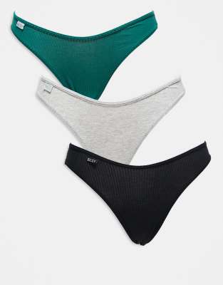 Cotton:On Cotton On 3-pack cotton rib bikini briefs in gray/black/green-Multi