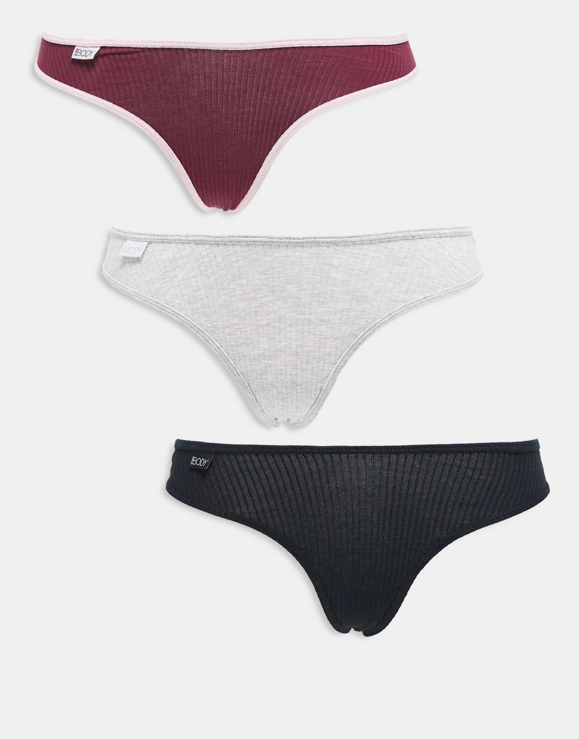 cotton on 3 pack cotton ribbed thong briefs in black gray burgundy