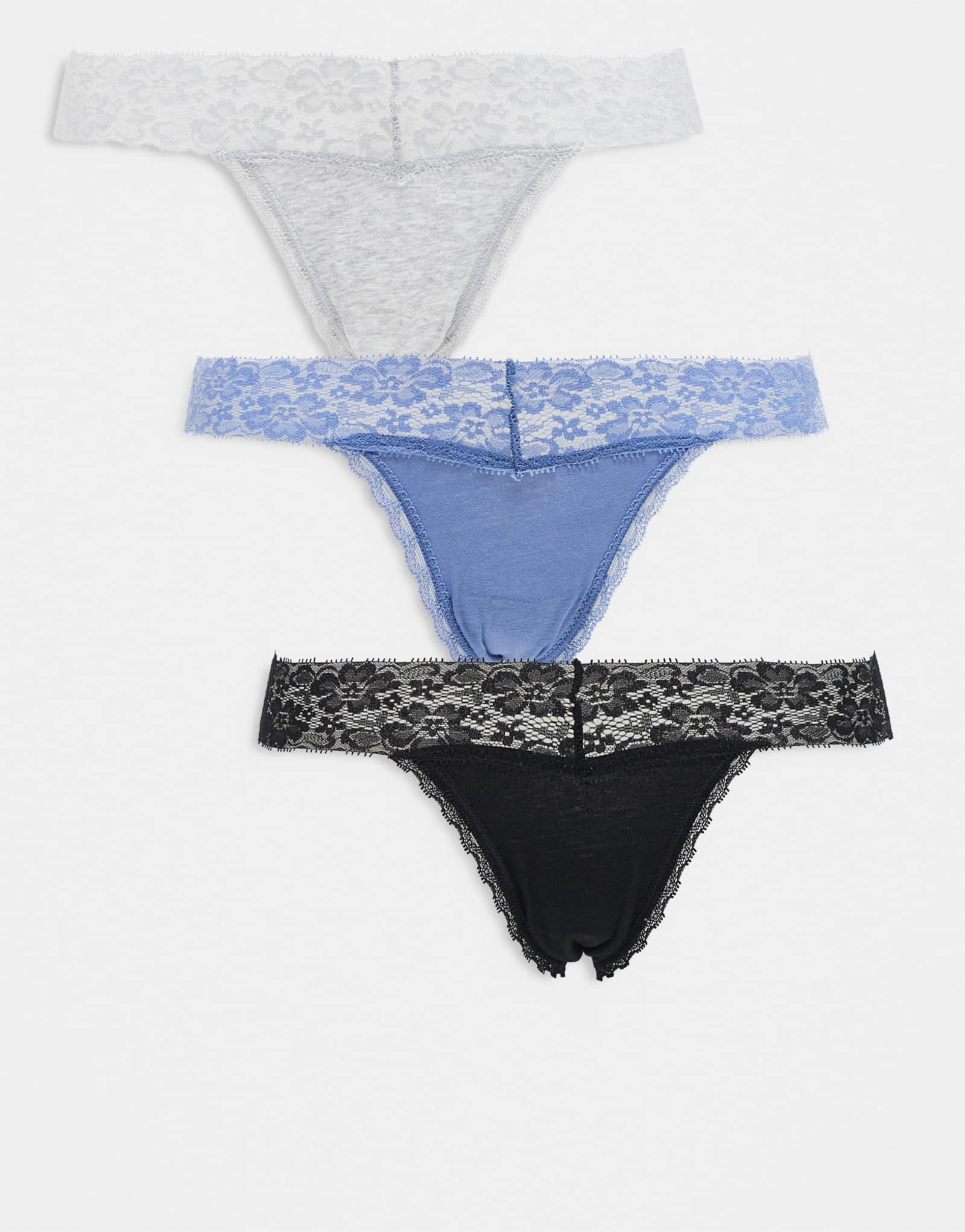 Хлопковые повседневные кружевные удобные стринги из 3 упаковок черного, серого и синего цветов