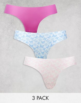 Cotton On 3 pack invisible thong pack in butterfly print multi