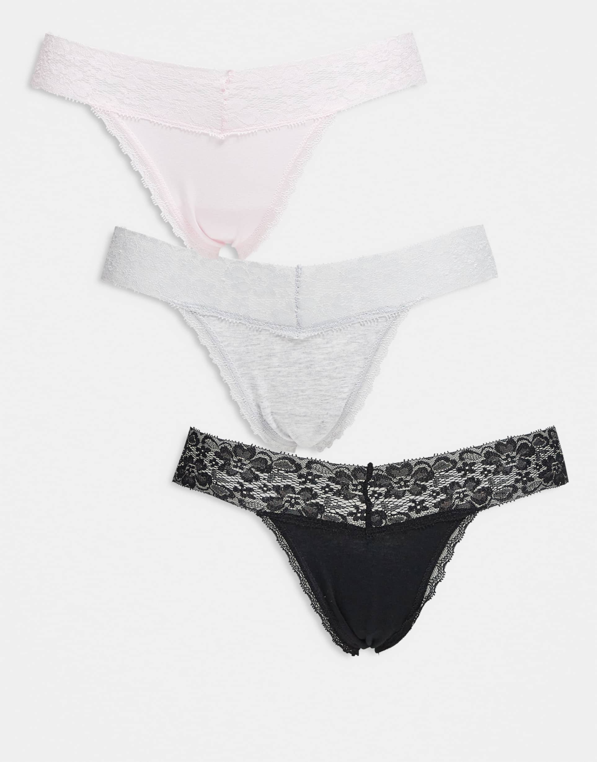 cotton on 3-pack lace comfy g-string briefs in gray, black and pink