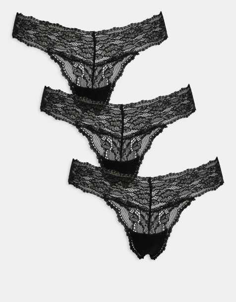 Cotton On 3 pack of everyday lace lingerie thong briefs in black - view 1