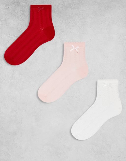 Cotton On 3 pack pointelle frill ankle socks with bow in pink red and white