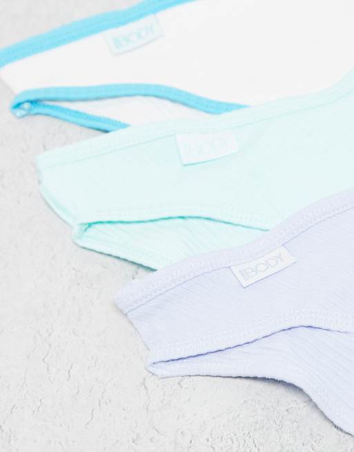 Cotton On 3 pack ribbed bikini brief set in green, white and blue, 2 of 3
