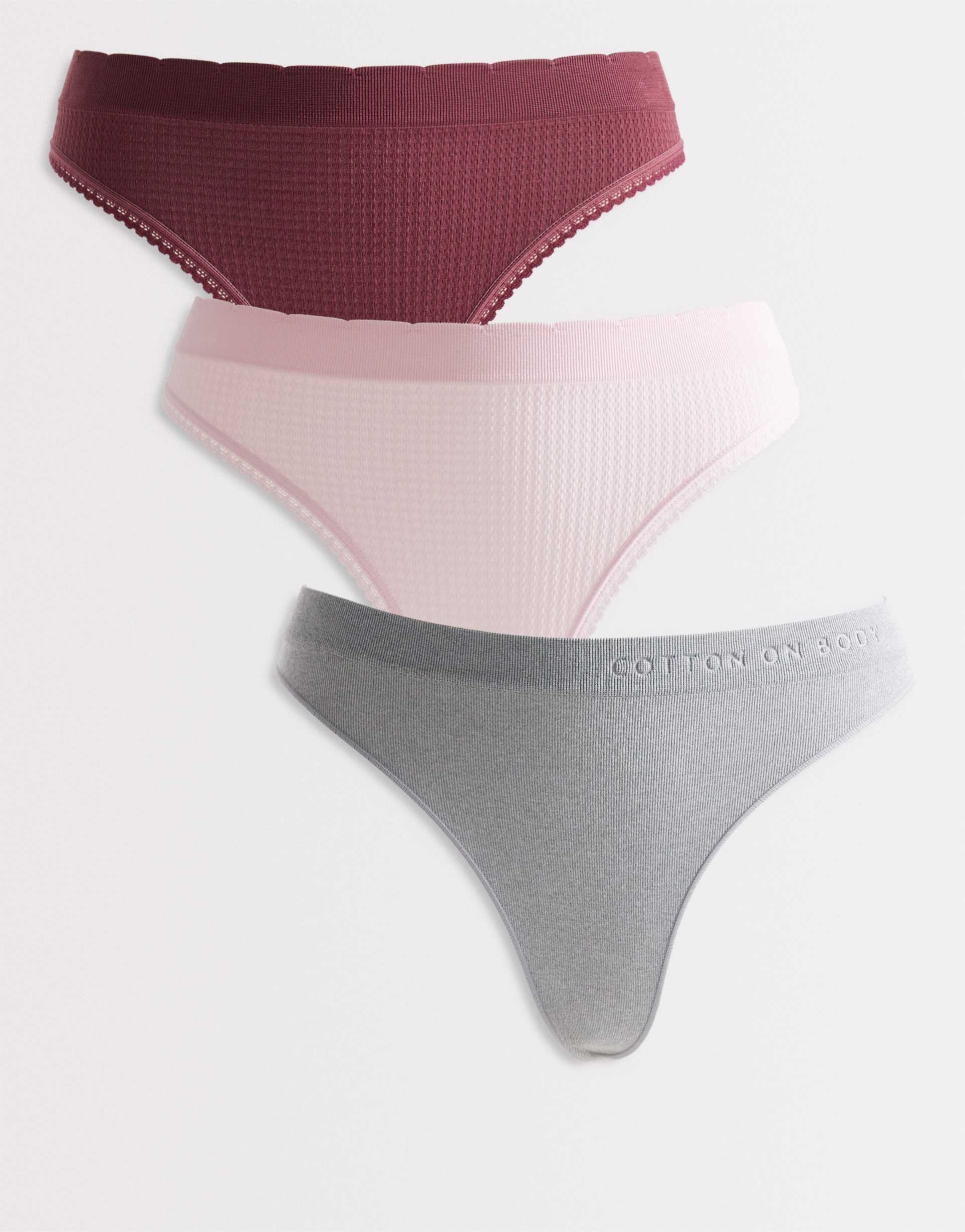 cotton on 3 pack seamless high cut g string briefs in pink, burgundy and gray