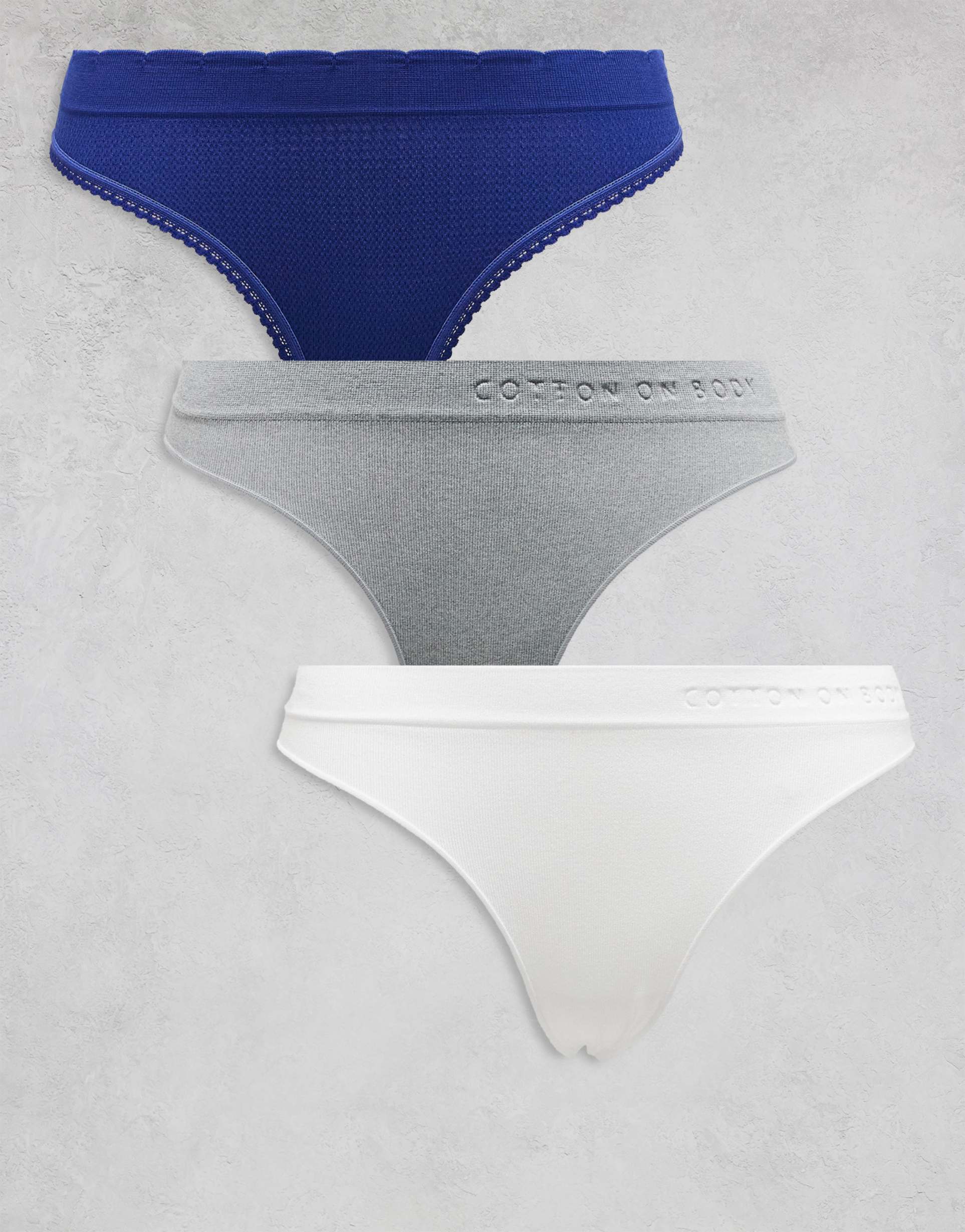 cotton on 3 pack seamless high cut thong briefs in navy gray white
