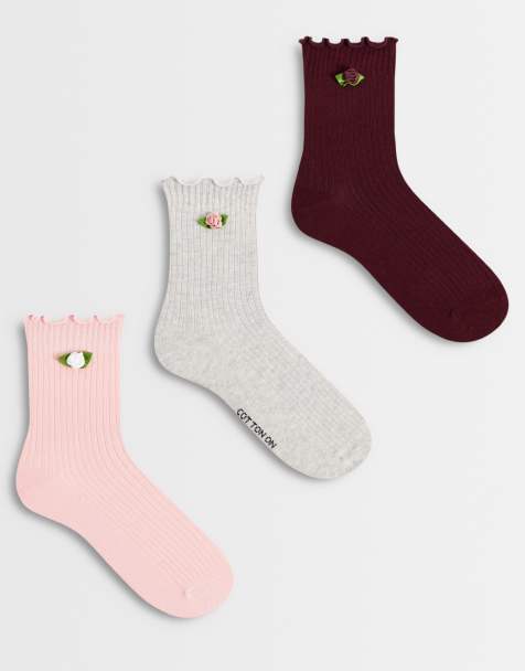 Cotton On 3-pack strumpor med rosett och volang i ribbstickning, flerfärgade - view 1
