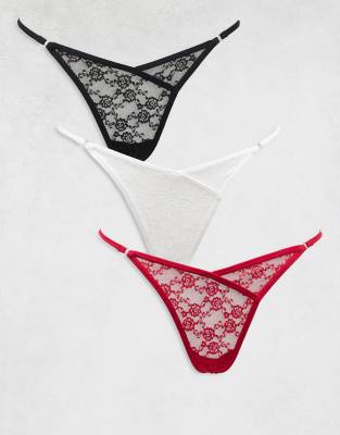 Cotton On - 3er-Pack G-Strings aus Spitze in Schwarz, Rot und Weiß-Bunt