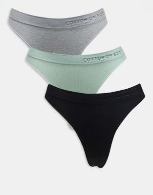 Cotton On - 3er-Pack nahtlose Tanga-Slips in Grau, Mint und Schwarz mit hohem Beinausschnitt-Bunt