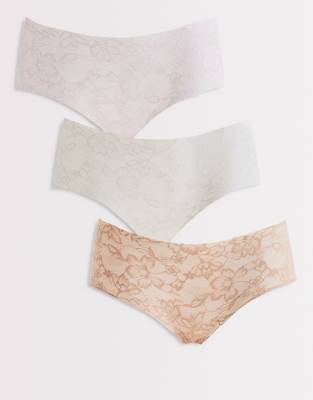 Cotton On - 3er-Pack sich nicht abzeichnende Boyleg-Slips aus Spitze in Rosa, Beige und Weiß-Bunt