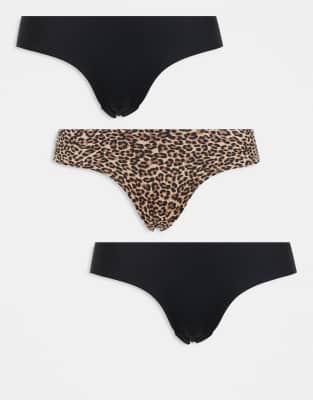 Cotton On - 3er-Pack unsichtbare Cheeky Fit Slips in Schwarz mit Leopardenmuster-Bunt