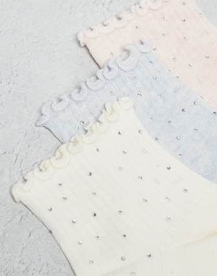 Cotton:on Cotton On 3_pack Diamante Ruffle Ankle Socks In Multi