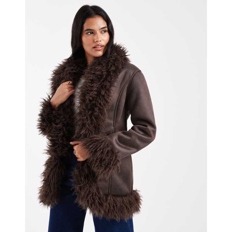 Cotton On 70s faux fur penny lane coat in brown | ASOS