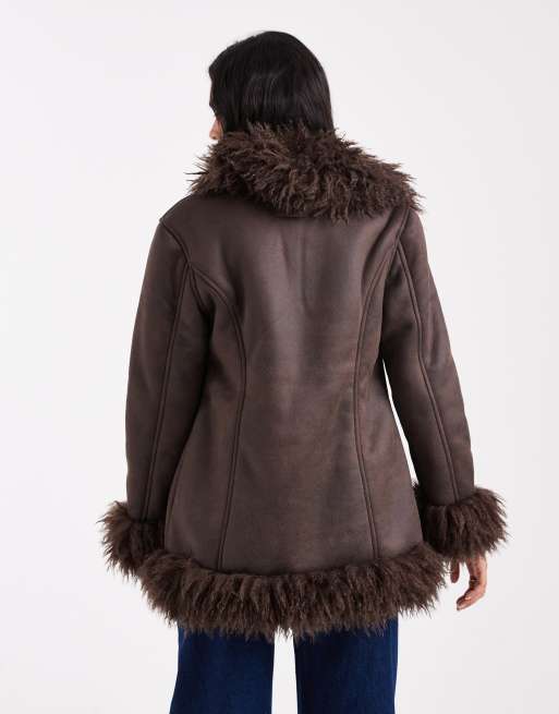Cotton On 70s faux fur penny lane coat in brown | ASOS