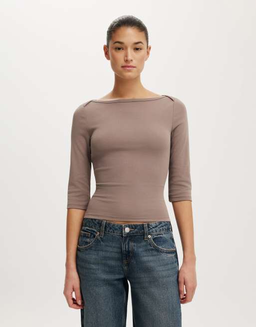 Cotton On 90s boatneck ¾ sleeve in brown, 2 of 4