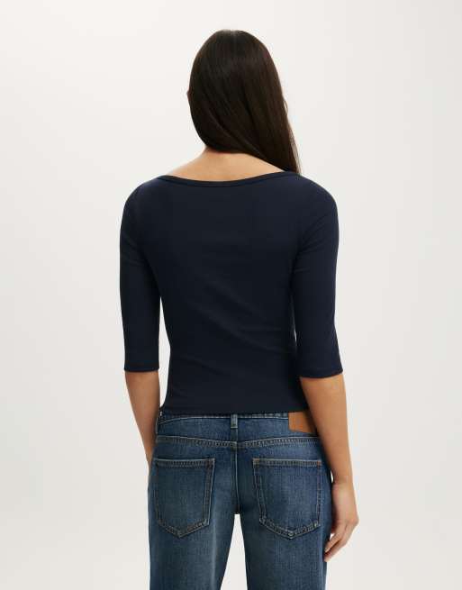 Cotton On 90s boatneck ¾ sleeve in navy, 4 of 4