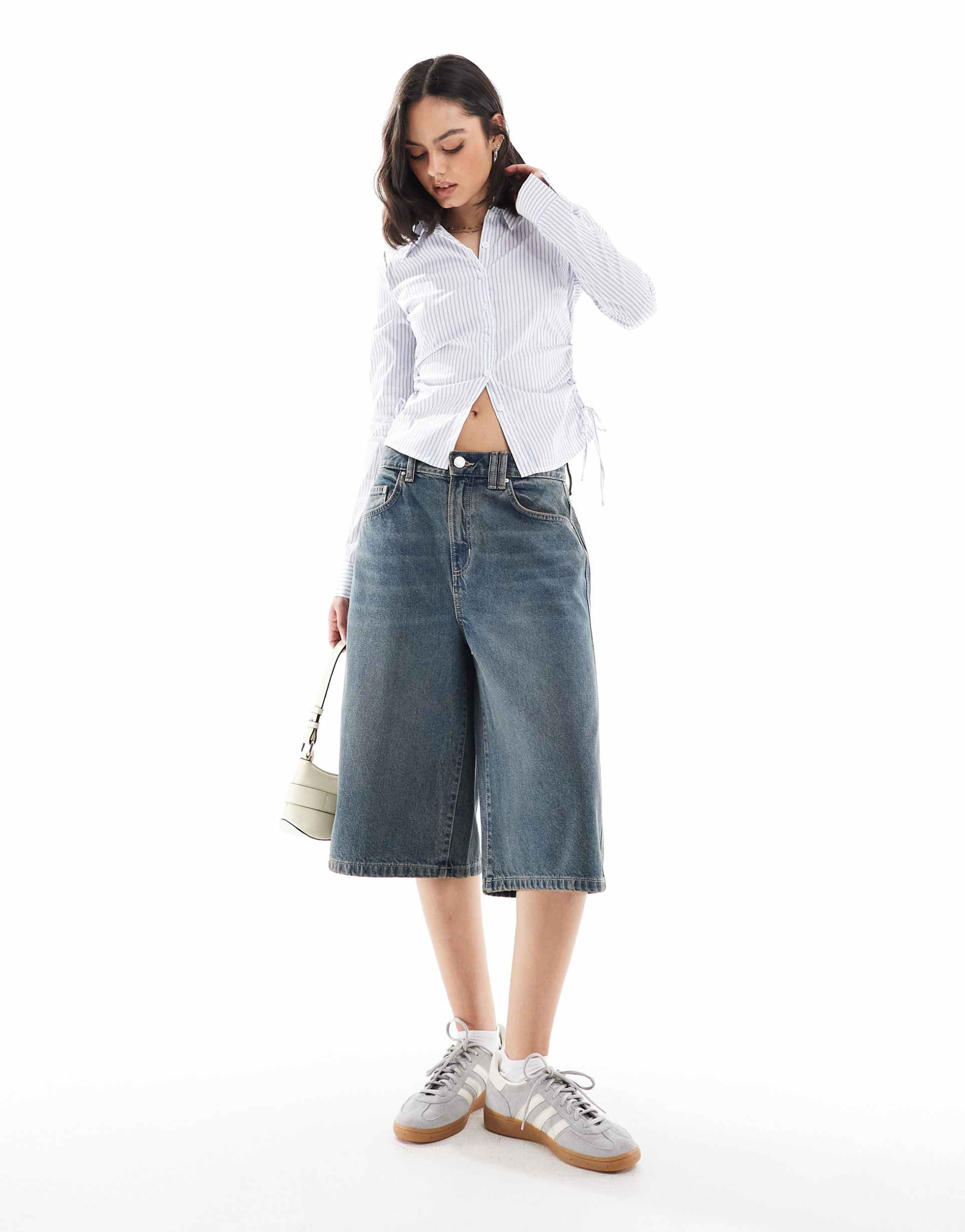 cotton on 90s long denim shorts in logans blue