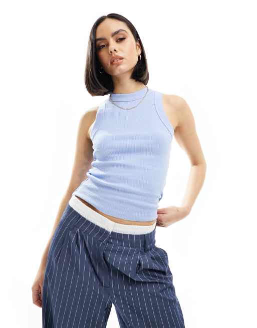 Cotton On 90s ribbed racer singlet in baby blue 