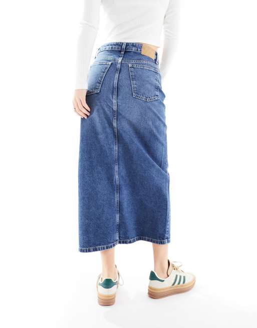 Cotton On 90s split front denim midi skirt in blue wash
