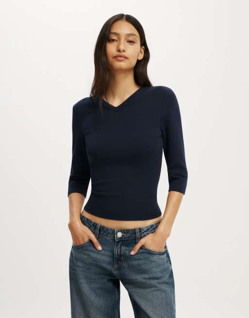 Cotton On 90s v neck ¾ sleeve in navy, 2 of 4