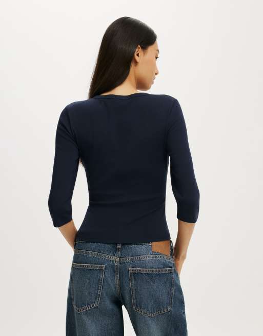 Cotton On 90s v neck ¾ sleeve in navy, 4 of 4