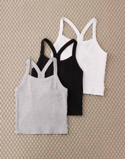 Cotton On Active 3 pack T bar cropped tank in black, white & grey - view 1