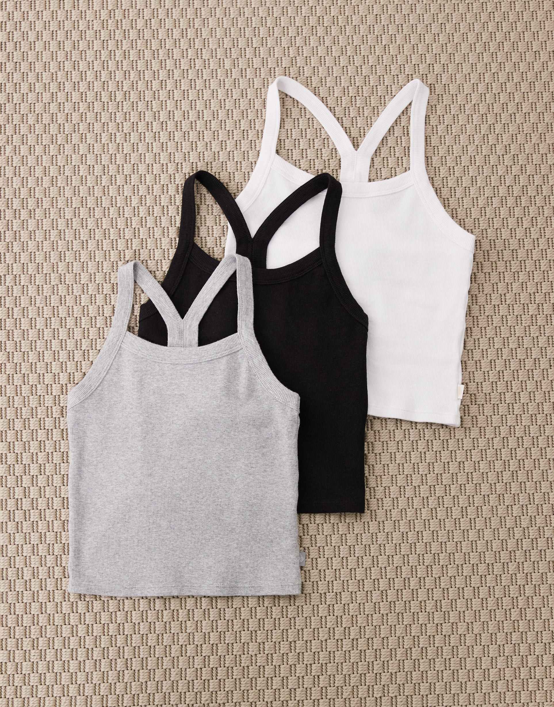 cotton on active 3 pack t-bar cropped tank tops in black, white & gray