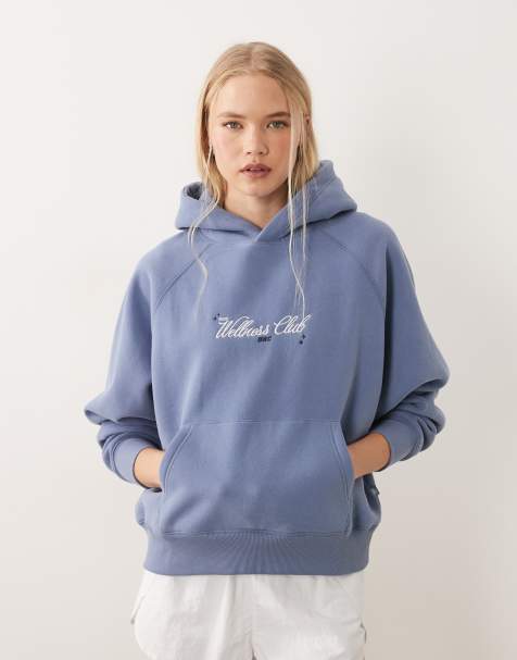 Cotton On – Active – Hochwertiger, plüschiger Kapuzenpullover in Himmelsblau mit Print - view 1