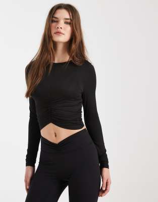 Cotton On Active Ruched Front Long Sleeve Tee In Black