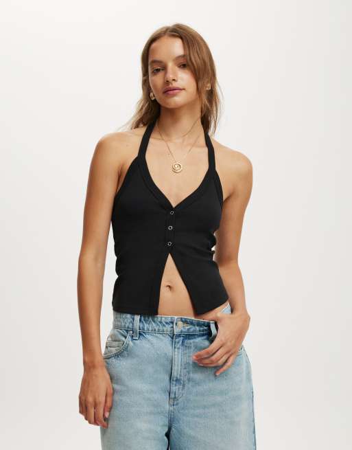 Cotton On Alexa button front halter in black - BLACK