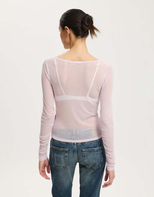 Cotton On Alix mesh button through long sleeve in purple, 4 of 4