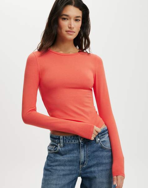Cotton On - All day - T-shirt met ronde hals en lange mouwen in koraalrood - view 1