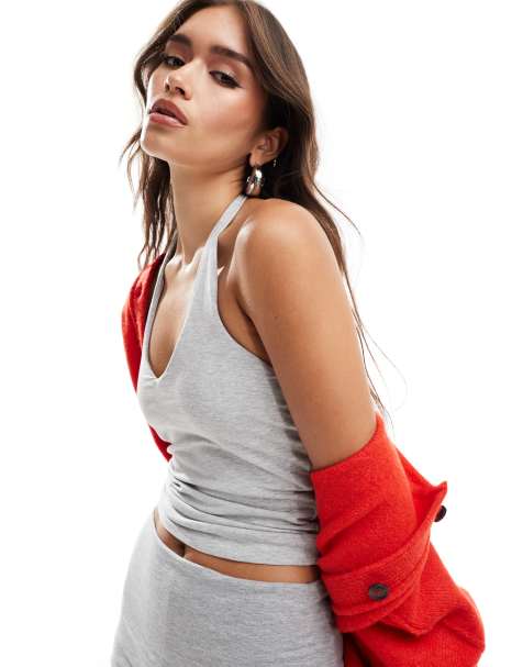 Cotton On - All day - Top allacciato al collo grigio mélange con scollo a V - view 1