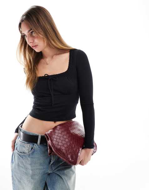 Cotton On Annie lace tie v neck long sleeve top in black