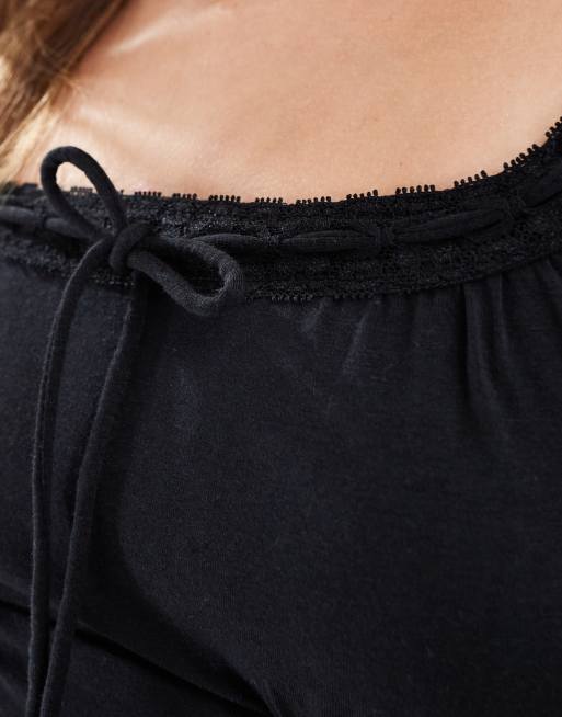 Cotton On Annie lace tie v neck long sleeve top in black